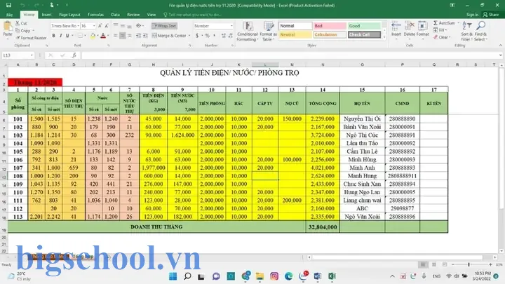 Excel Tính Tiền Nhà Trọ