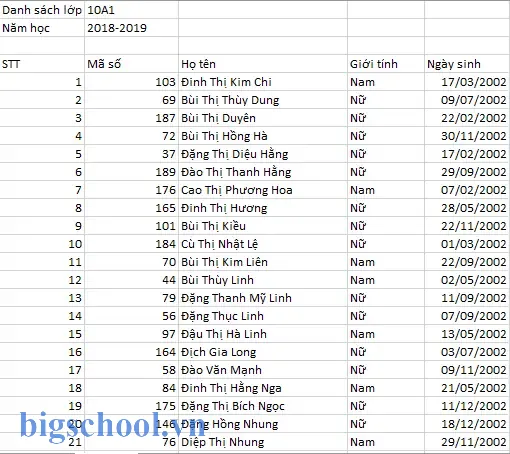 Mẫu Danh Sách Lớp Excel