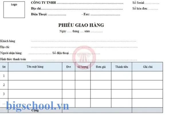 Mẫu Phiếu Giao Hàng Excel