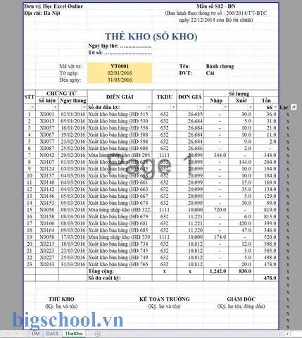 Tạo Thẻ Kho Trên Excel