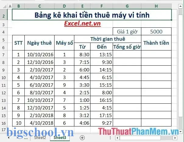 Bảng Kê Tiền Cho Thuê Máy Vi Tính Excel