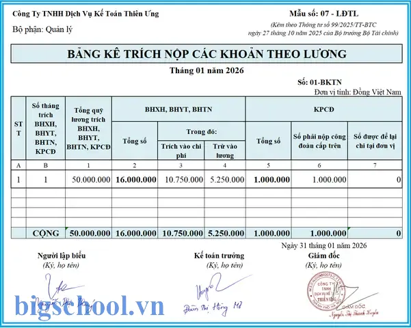 Bảng Kê Trích Nộp Các Khoản Theo Lương Excel
