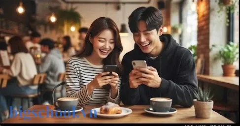 Hai người yêu nhau đang cười hạnh phúc khi nhắn tin cho nhau
