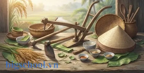 Hình ảnh minh họa các dụng cụ nông nghiệp truyền thống và tri thức canh tác lúa nước