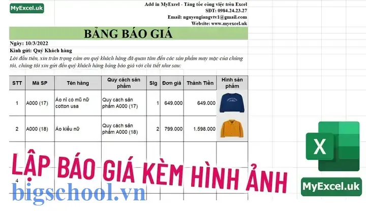 Làm Báo Giá Có Hình Ảnh Sản Phẩm Trên Excel
