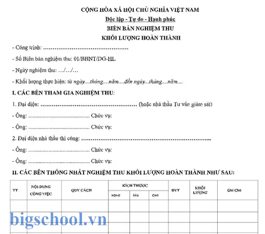 Mẫu Biên Bản Nghiệm Thu Khối Lượng Excel