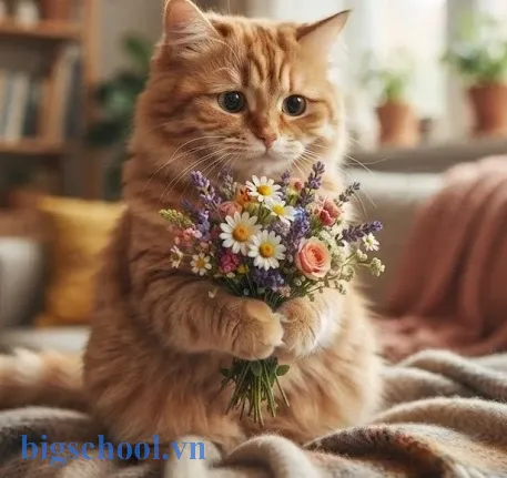 Meme mèo tặng hoa dễ thương lan tỏa yêu thương 15 Meme mèo tặng hoa dễ thương với biểu cảm ngại ngùng, đáng yêu khi trao bó hoa.