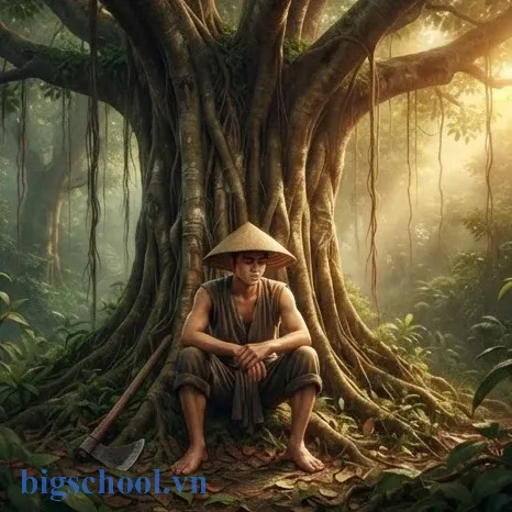 Hình ảnh Thạch Sanh sống cô độc bên gốc đa cổ thụ cùng chiếc rìu sắt huyền thoại.