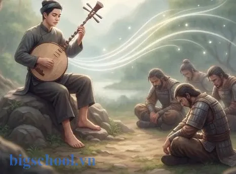 Thạch Sanh sử dụng tiếng đàn thần để cảm hóa kẻ thù bằng tình yêu thương.